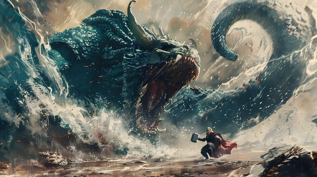 Kinetic Art: Norse God Wielding Mighty Hammer in Battle Against Monstrous Serpent, Inspired by Vintage Sci-Fi