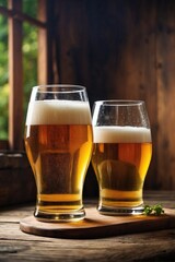 Two glasses of beer standing on a wooden table