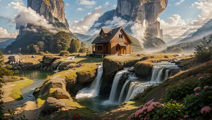 Fototapeta premium a house in the middle of a beautiful landscape 