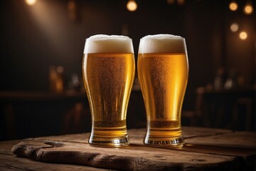 Two glasses of beer standing on a wooden table