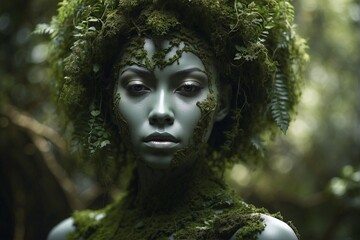 Nature Statue: Female Figure Covered in Moss and Leaves, Symbol of Unity with Nature