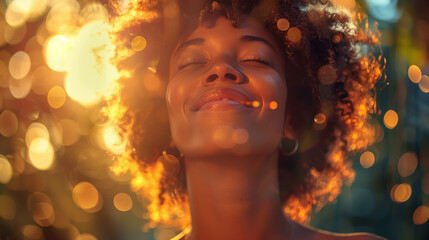 Someone embracing personal growth and self-discovery, their face illuminated with a smile of inner peace and contentment, capturing the happiness that comes from self-awareness and acceptance.