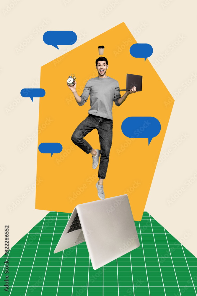 Aufkleber Collage 3d image of pinup pop retro sketch of focused man career balance working process office laptop unusual fantasy billboard comics
