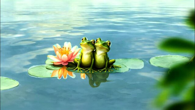 Animated two frogs sunbathing in the morning sunlight at the edge of a pond, looping seamless time lapse animation