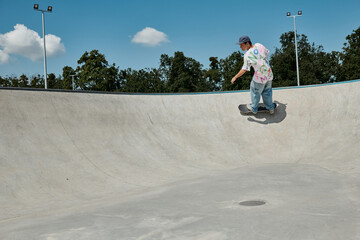 A young skater boy defies gravity, riding his skateboard up the side of a ramp in a vibrant outdoor skate park on a summer day.