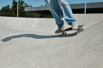 Young skater boy confidently rides his skateboard up the ramp at an outdoor skate park on a sunny...