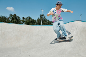 A young skater boy effortlessly rides his skateboard up the side of a ramp at an outdoor skate park...