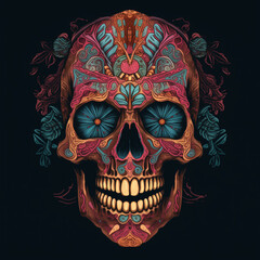 Skull illustration with floral carving motifs for clothing designs, backgrounds, wallpapers