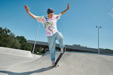 A young skater boy confidently rides his skateboard down the side of a ramp in a skate park on a...