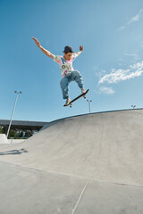 A young skater boy daringly rides his skateboard up a steep ramp at a skate park on a sunny summer...
