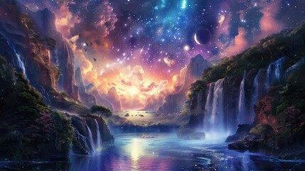 Cosmos Galaxy Starscape with Celestial Waterfall and Nebula Universe Horizon