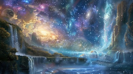 Cosmos Galaxy Starscape with Celestial Waterfall and Nebula Universe Horizon