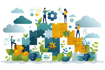 Illustration of people working together to assemble large puzzle pieces, symbolizing teamwork and collaboration. Ideal for business presentations, team-building content, and project management visuals