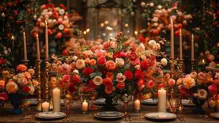 Elegant Floral Centerpiece with Candles Adorning Dining Table for Formal