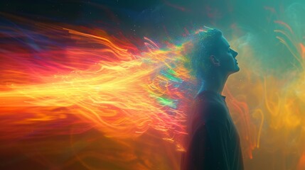 A surreal portrait of a young man with a fiery, colorful aura radiating around his head, representing passion and intense creativity.