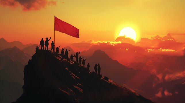 People cheering for national independence at the top of a mountain where the sunrise rises