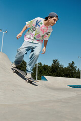 A young skater boy fearlessly rides his skateboard down the side of a ramp in a skate park on a sunny summer day.