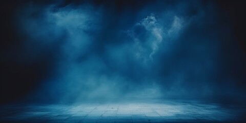 Fototapeta premium empty room with Dark blue background with smoke, empty stage for product presentation. Background of the floor studio room. empty dark blue abstract cement wall studio room, 