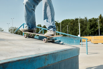 A young skater boy fearlessly rides his skateboard down the side of a ramp at a skate park on a...