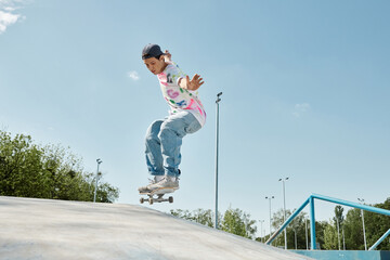 A young skater boy confidently rides his skateboard up the side of a ramp in an outdoor skate park...
