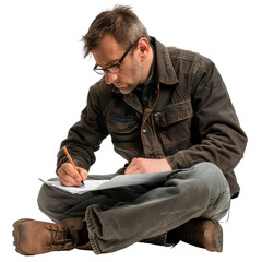 A man is sitting on the ground and writing with a pencil, isolated on transparent background