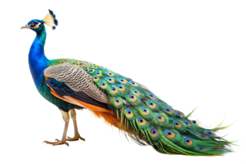 Close up photograph of a full body peacock isolated on a solid white background.PNG,AI GENERATED