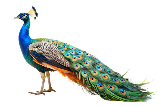 Close up photograph of a full body peacock isolated on a solid white background.PNG,AI GENERATED