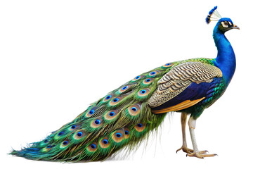 Close up photograph of a full body peacock isolated on a solid white background.PNG,AI GENERATED
