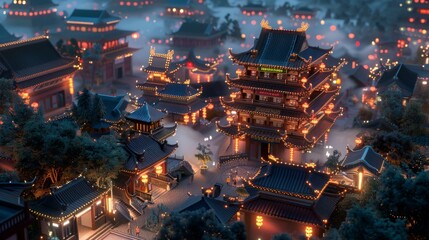 3d city chopper of chinese temple, in the style of night photography.