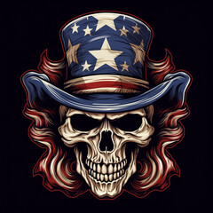 illustration of a skull wearing a cowboy hat with an American flag motif, for clothing design