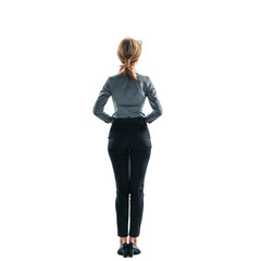 Fototapeta premium A woman in a business suit stands with her arms crossed and her head tilted, isolated on transparent background