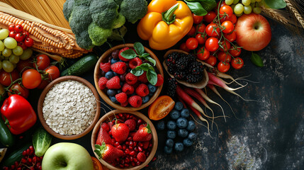 Colorful fruits, vegetables, and whole grains arranged on a table, emphasizing the importance of nutritious eating for overall health and vitality, capturing the abundance of fresh, wholesome foods.