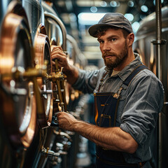 Expert brewer in a modern brewery, meticulously crafting beer with advanced brewing equipment and a focused expression