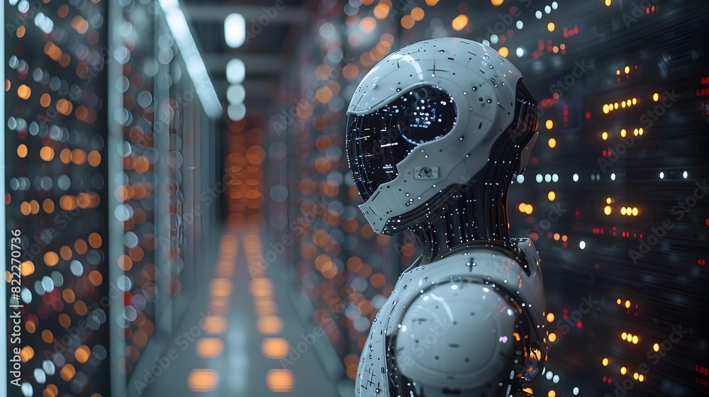 Poster futuristic robotic cyborg in mysterious digital matrix landscape