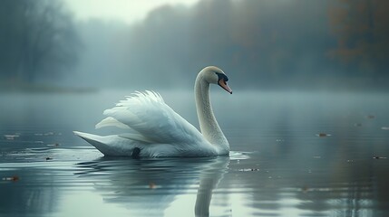 Fototapeta premium Graceful Swan Glides Across Serene Lake at Golden Hour