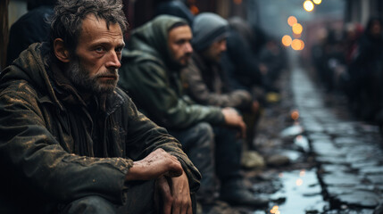 A somber homeless man sits contemplatively on a wet city street, encapsulating the harsh reality of life on the margins