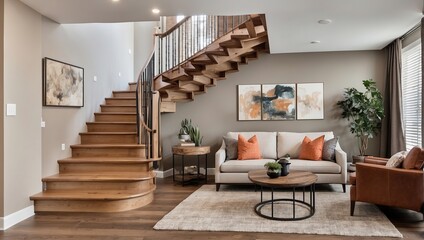 A modern living room with a staircase, sofa, rug, coffee table, plants, and dark accent wall.

