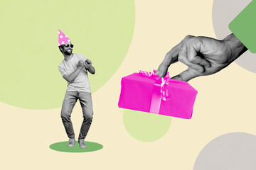 Collage 3d image of pinup pop retro sketch of hand hold big birthday present box celebration funny...