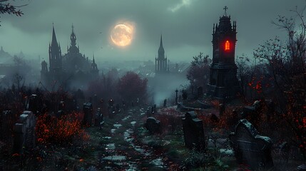 Halloweens Full Moon Rising Over a Haunted Graveyard