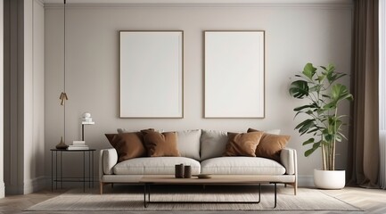 Living room with white empty walls - light mockup for canvas art. Accent brown pillow and curtain details