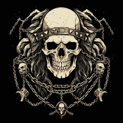 gray skull and chain for illustration clothing design, black background,