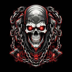 red skull and chain for illustration clothing design, black background,