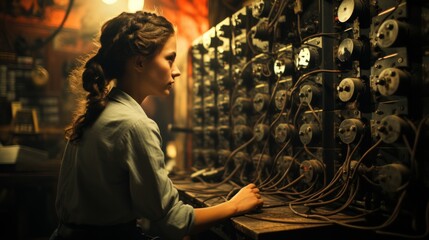 A woman dressed in a retro outfit operates an antiquated telephone switchboard filled with cables...