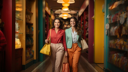Obraz premium Two elegant women enjoying a shopping spree in a colourful boutique