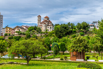 A view from the Skanderbeg memorial towards the Orthodox church in Lezhe, Albania in summertime
