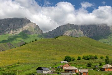 View of the mountain peaks. In the upper reaches of the Dzheyrakh gorge. The Republic of Ingushetia
