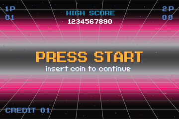 PRESS START INSERT A COIN TO CONTINUE .pixel art .8 bit game. retro game. for game assets .Retro Futurism Sci-Fi Background. glowing neon grid. and stars from vintage arcade computer games