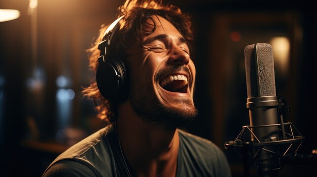 A male singer records vocals with a professional studio microphone and headphones, focus on equipment