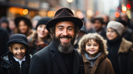 Fototapeta premium A bearded man smiling broadly with his family in an urban environment, embodying community and fatherhood