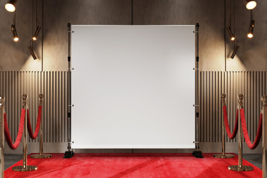 Square backdrop banner with red carpet mockup. 3D rendering